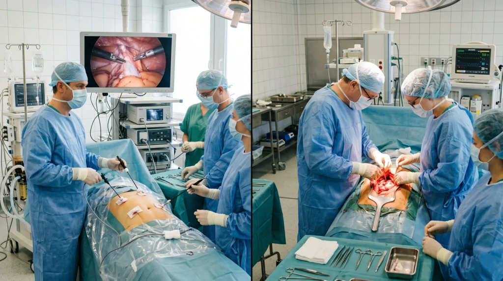 Side-by-side comparison of laparoscopic surgery and open surgery in a modern operating room, showing surgeons performing minimally invasive and traditional surgical procedures on patients.