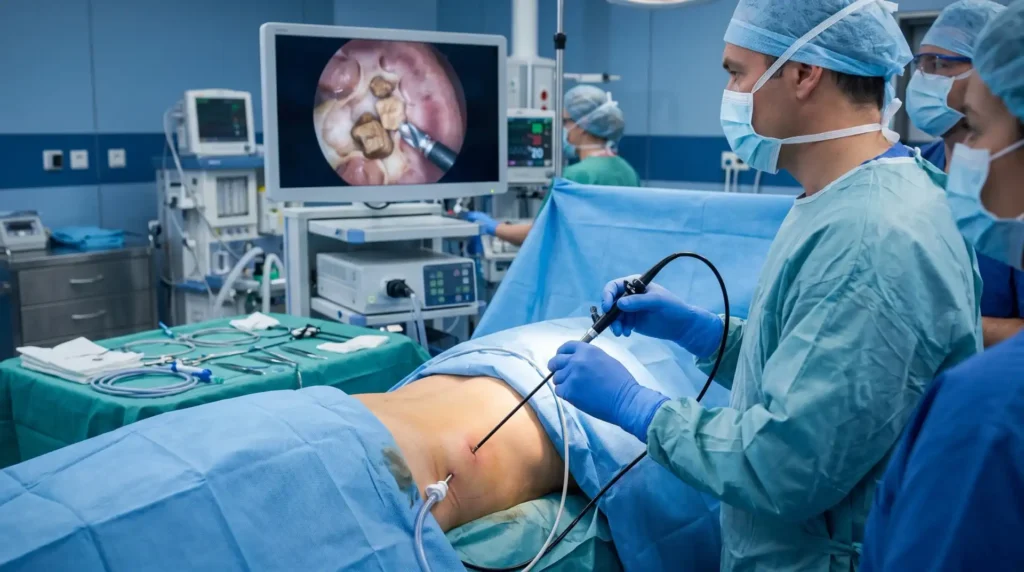 Surgeon performing laparoscopic surgery on a patient in a modern operating room using minimally invasive instruments and a monitor displaying the internal surgical view.