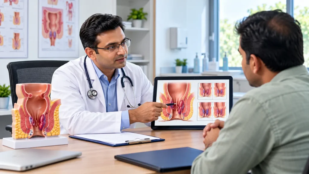Indian male doctor explaining piles symptoms, grades, and treatment options to a patient during a medical consultation.